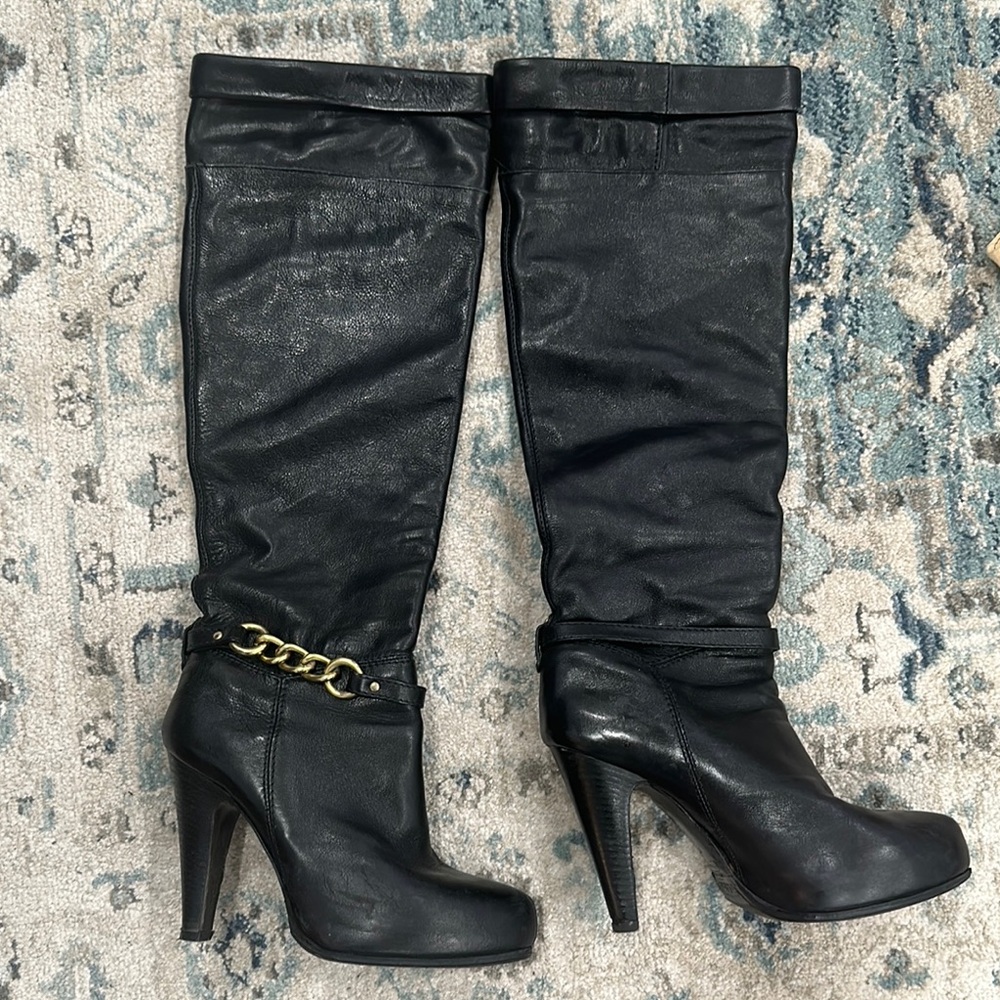 Coach Black Leather Heeled Boots with Gold Chain